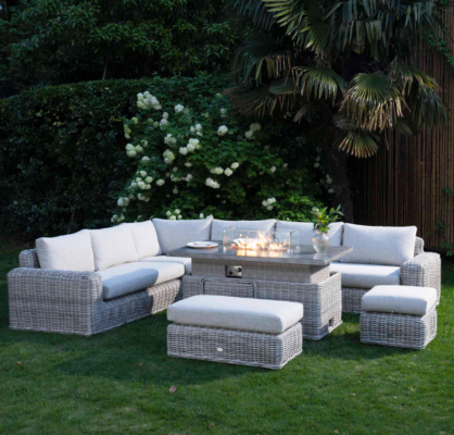 Z Bellagio Round Wicker Large Corner Casual Dining Set with Rising Firepit Table, Light Grey