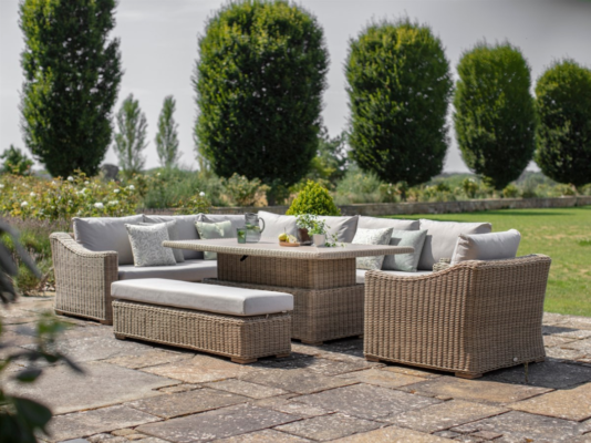 Fairford Rattan L-Shape Sofa with Rectangle Piston Adjustable Height Table, Bench & Chair – Covers Included for Free