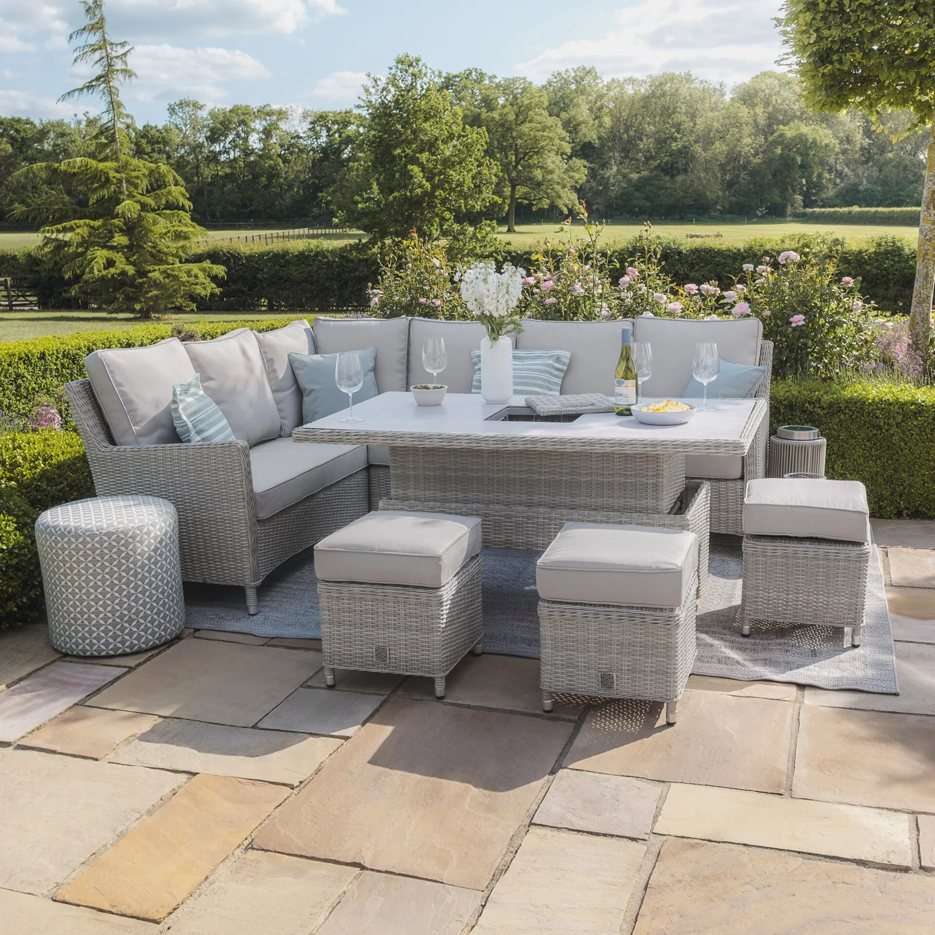 Oxford Rattan Corner Dining Set with Ice Bucket & Rising Table - Ceramic Glass - Image 2