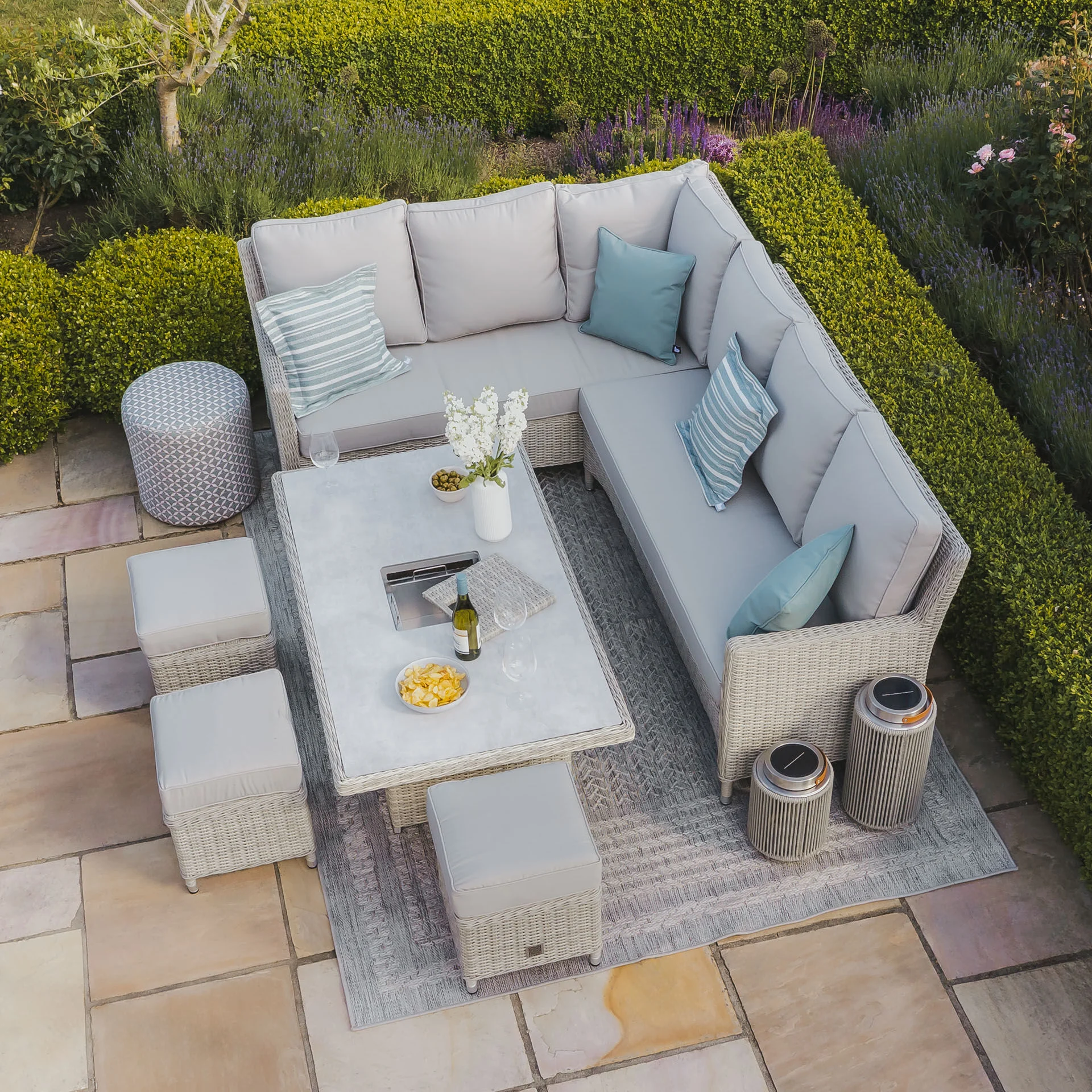Oxford Rattan Corner Dining Set with Ice Bucket & Rising Table - Ceramic Glass - Image 3
