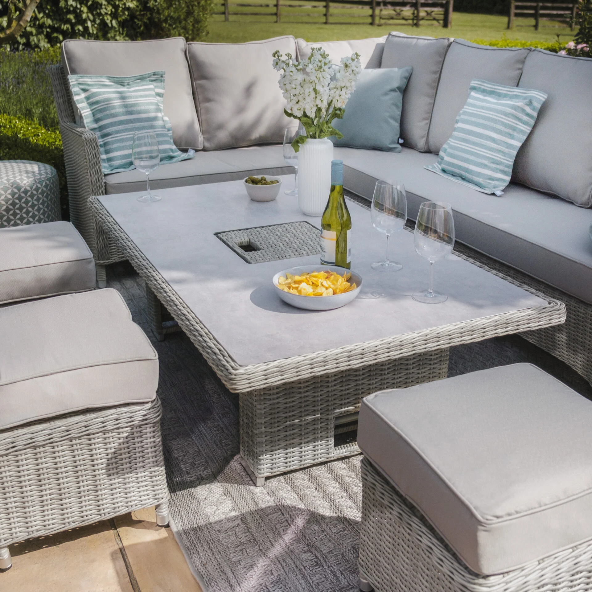 Oxford Rattan Corner Dining Set with Ice Bucket & Rising Table - Ceramic Glass - Image 11