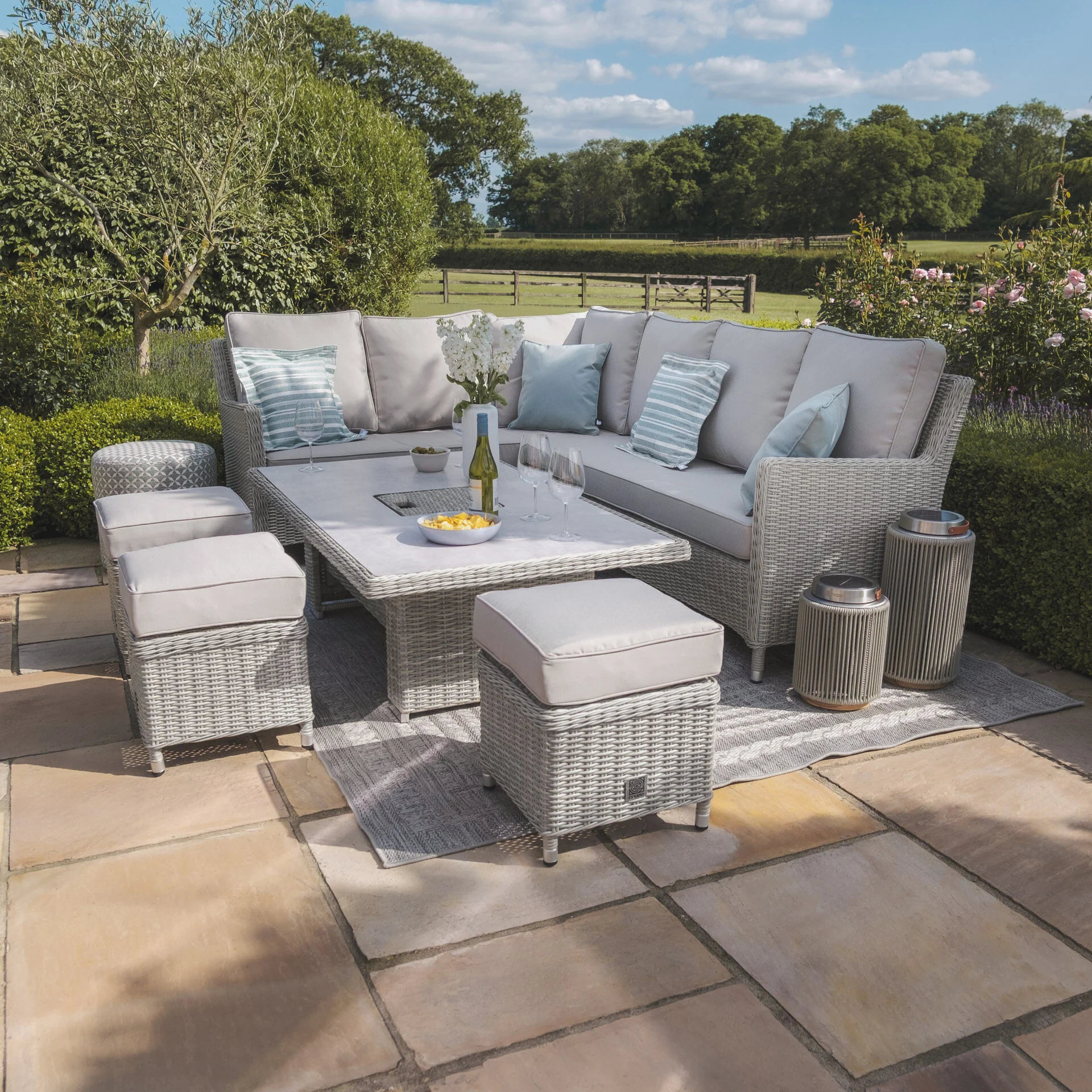 Oxford Rattan Corner Dining Set with Ice Bucket & Rising Table - Ceramic Glass - Image 12