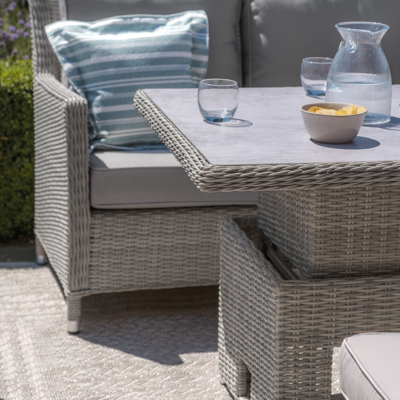 Oxford Sofa Rattan Dining Set with Ice Bucket & Rising Table - Ceramic Glass - Image 6