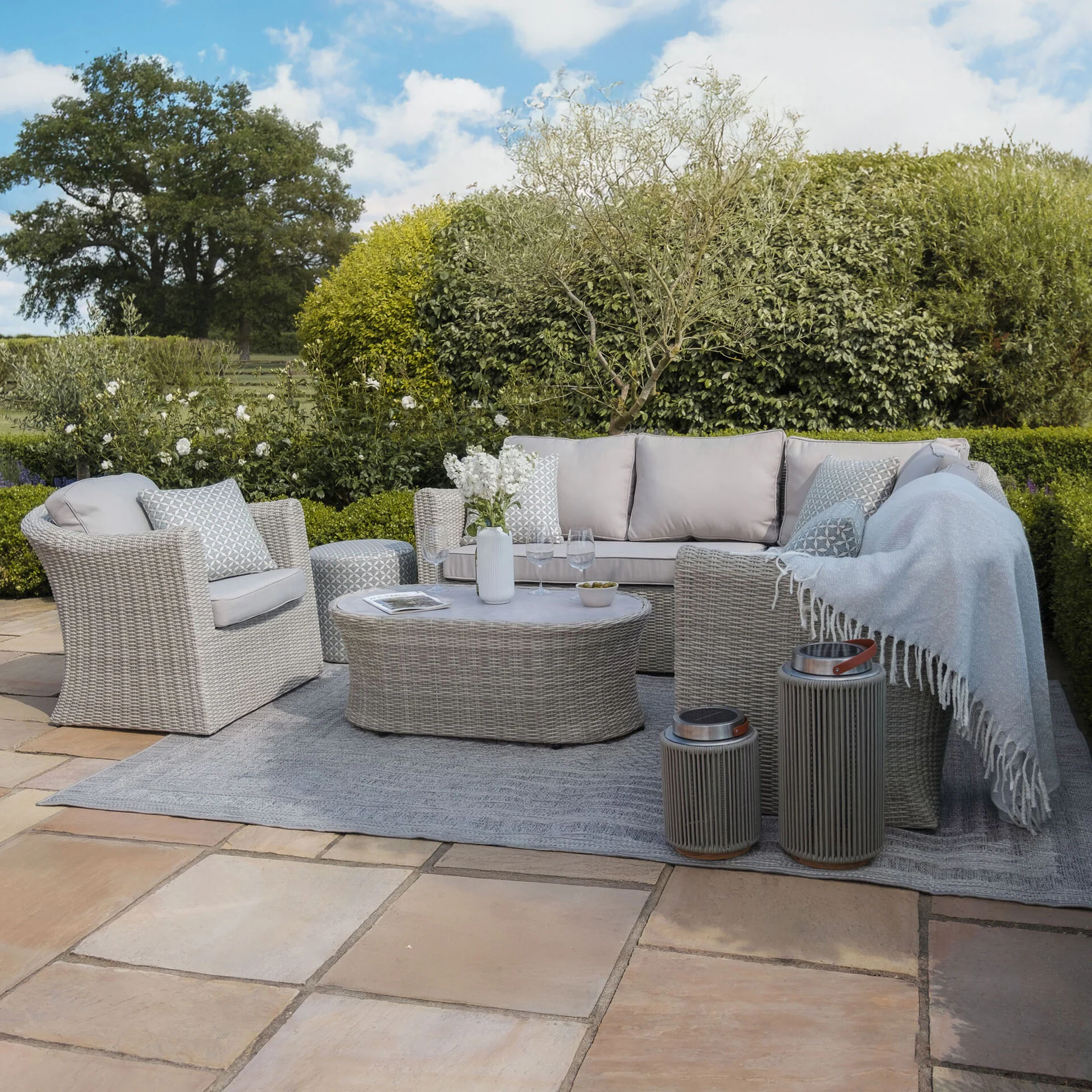 Oxford Small Rattan Corner Sofa Set with Armchair - Ceramic Glass
