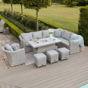 A Oxford Deluxe Large Rattan Corner Dining Set with Rising Table & Armchair - Ceramic Glass